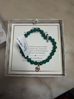 Green Beaded Hamsa Charm Bracelet with 14K Gold-Plated Accent